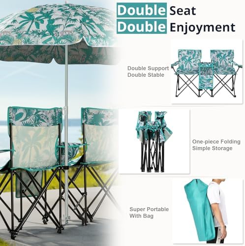 Outvita Folding Double Camping Chair w/Umbrella, Cooler for Beach Patio L