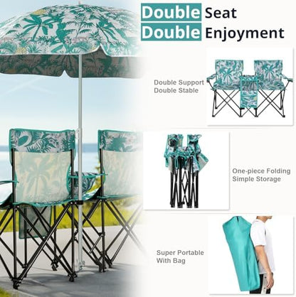 Outvita Folding Double Camping Chair w/Umbrella, Cooler for Beach Patio L