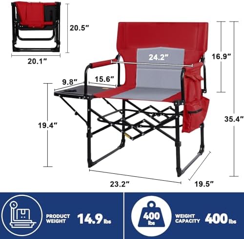 Romswi 2Pack Director Chairs for Outdoor, Folding Camping Chair, Compact Directors Chair Side Table and Side Bag, Heavy Duty Oversize Chair for Beach Fishing Picnic, Holds up to 400 lbs Red