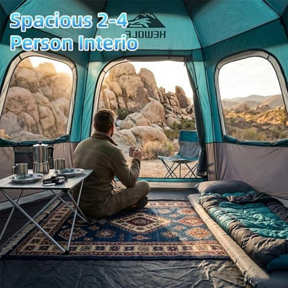 Hewolf 2/3/4 Person Camping Tent - Instant Pop Up Waterproof 2 Doors Tent with Easy Setup | 3-Season Hexagonal Dome Design for Family, Hiking & Traveling