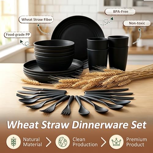 Plates and Bowls Sets for 4, Unbreakable Kid Dinnerware Sets- Black
