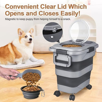 Dog Food Storage Container，23-25 lbs Airtight Collapsible Cat Food Storage Container with Attachable Wheels, Portable Handle, Dog Food Scoop for Dog Cat Bird Pet Dry Food Storage Bin Dark Grey