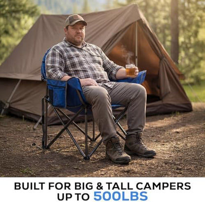 Romswi 2-Pack Oversized XXL Padded Camping Chairs for Adults, 500lbs Heavy Duty Support, 500G Ultra-Thick Cushion Sofa-Like Comfort, Folding Lawn Chair with Cooler Bag & Side Pockets, Blue/Gray