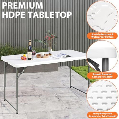 SKONYON 4 Foot Folding Table Heavy Duty Portable Fold-in-Half Plastic Utility Table Small Indoor Outdoor Adjustable Height Folding with Carrying Handle, Camping and Party, Portable White