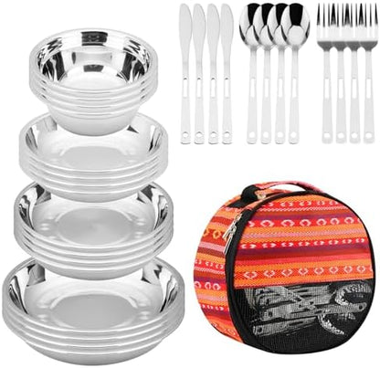 Camping Mess Kits - 28pcs Camping Dinnerware Set Camping Gifts Camping cookware Sets Camping Accessories Camping Cooking Utensils Set Bowls, Plates, Knives, Forks, Spoons