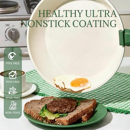 Ceramic Cookware Set Non Stick 8Pcs Pots and Pans Set Detachable Handle Induction Kitchen Cooking Set with Frying Pans Oven Dishwasher Safe, PFAS/PFOA Free, Forest Green