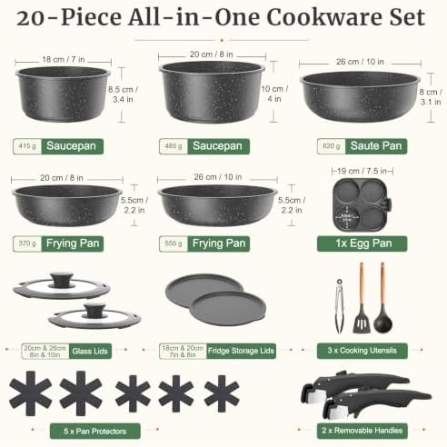 YASHE 20Pcs Nonstick Cookware Set with Detachable Handles, Oven Safe