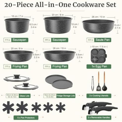 YASHE 20Pcs Nonstick Cookware Set with Detachable Handles, Oven Safe