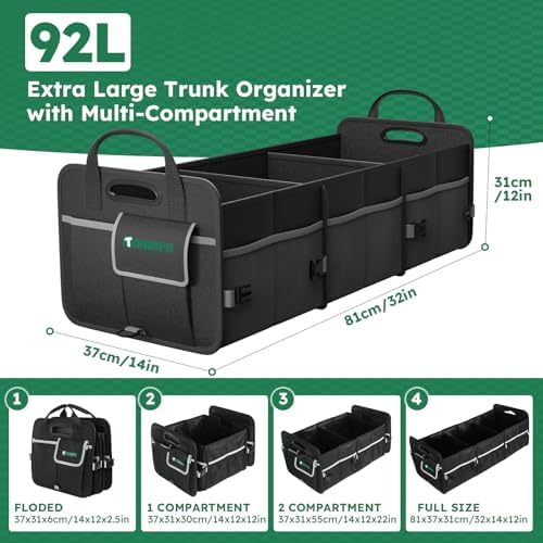 Heavy-Duty Trunk Organizer & Multi-Compartment Storage Box for SUV/Sedan/Minivan,600D Waterproof Oxford,2 Securing Hooks & Reflective Strips-Large Capacity Organiser(92L)