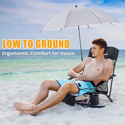 Folding Beach Chair with Umbrella for Adults, 2 Pack Portable Low Beach Chairs with 300lbs Capacity, Lightweight Fodable Camping Chair for Travel, Picnic, Concert & Outdoor Activities, Black-Grey