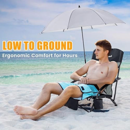 Folding Beach Chair with Umbrella for Adults, 2 Pack Portable Low Beach Chairs with 300lbs Capacity, Lightweight Fodable Camping Chair for Travel, Picnic, Concert & Outdoor Activities, Black-Grey