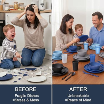 56 Piece Dinnerware Set for 8, Unbreakable Plates and Bowls Sets