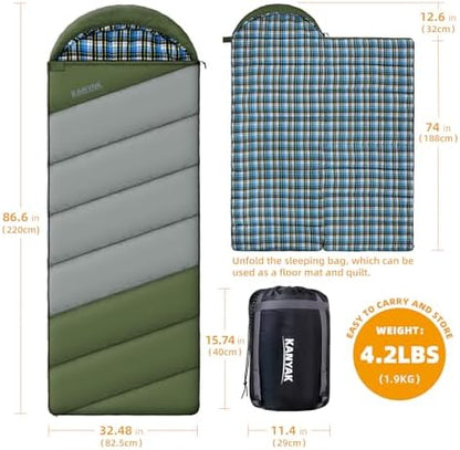Cotton Flannel Lined Sleeping Bag for Adults Teens Kids, Cold Weather & Warm, 3 Seasons, Lightweight Compact Camping Essentials Equipment, Hiking, Outdoor, Travel