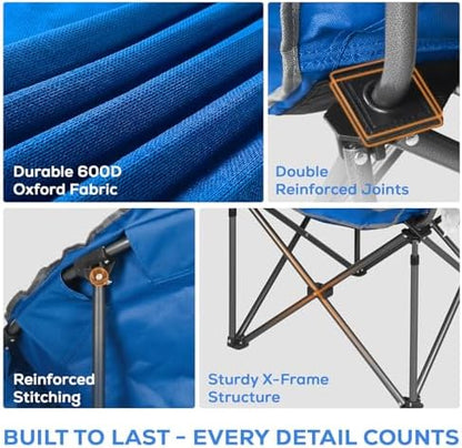 Romswi 2-Pack Oversized XXL Padded Camping Chairs for Adults, 500lbs Heavy Duty Support, 500G Ultra-Thick Cushion Sofa-Like Comfort, Folding Lawn Chair with Cooler Bag & Side Pockets, Blue/Gray