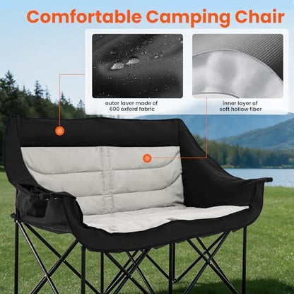 Asrug Padded Double Camping Chair 2 Person Portable Camping Chair Loveseat with Cup Holders and Side Pockets Heavy Duty Camp Couch for Outdoor Beach Fishing Garden 660lbs Support (Black & Light Gray)