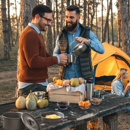 Camping Cookware Set(Green), Portable Backpacking Gear with Kettle, Pot, Pan, Cups & Foldable Cutlery, Lightweight Outdoor Cooking Kit for 2-3 People, Ideal for Hiking, Picnic & Camping