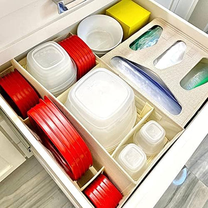 Food Storage Container Organizer 2pc - Lid Organizer Box - Adjustable Kitchen Organizing Box - Compatible with Tupperware Glad Rubbermaid Ziploc Containers - Drawers and Cabinet Organization (2)