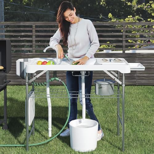 42.5" Fish Cleaning Table with Dual Sink, Portable Folding Camping Table with Faucet, Sprayer, Grid Rack, Hose Hook Up & Knife Groove, Outdoor Sink Station for Picnic Beach Patio