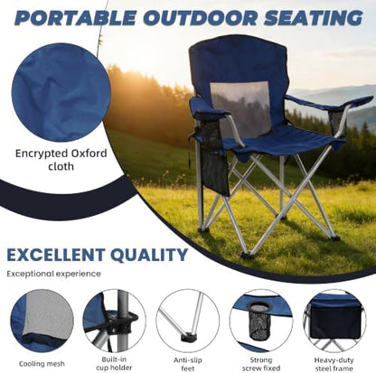 HULKFIT 2 Pack Folding Camping Chair – Heavy Duty Portable Outdoor Beach Chair for Adults with Breathable Mesh Back, Cup Holder & Carry Bag – Ideal for Backyard, Tailgating, Hiking & Travel,Navy Blue
