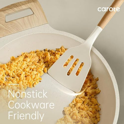 CAROTE 10-Piece Kitchen Utensils Set with Wood Cool-Touch Handles, Cream