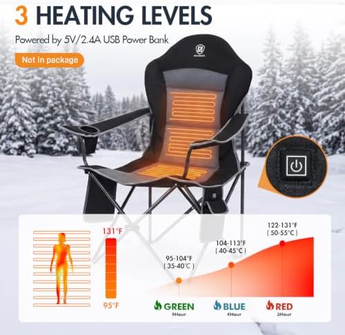 EVER ADVANCED Oversized Heated Camping Chair, Lawn Chairs Heated Chairs Outdoor Sports with 3 Heat Levels, Heated Folding Chair Camping Chairs for Adults Supports 400lbs, Battery Not Included