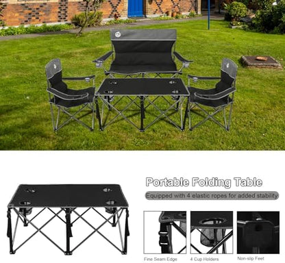 Northroad Folding Camping Chair Set of 4, Portable Collapsible Conversation Set w/1 Sofa, 2 Single Chairs, 1 Table for Family Patio, Outdoor Travel,Beach(Black)