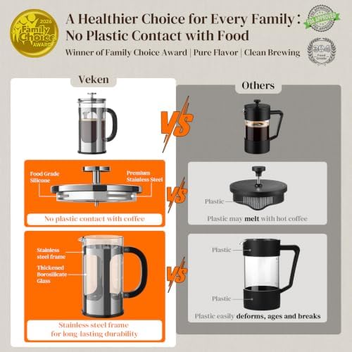 Veken French Press Coffee Maker,No Plastic Touching Cafe,34oz 1L Cafetera