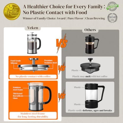 Veken French Press Coffee Maker,No Plastic Touching Cafe,34oz 1L Cafetera,Heat Resistant Thickened Borosilicate Glass Stainless Steel Brewer,Pot for Kitchen,Travel,Camping,Tea,Gifts,Silver (Pack of 2)