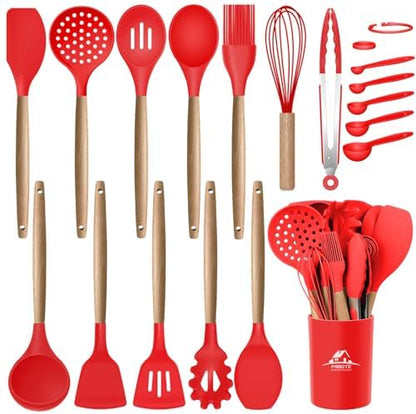 MIBOTE Silicone Cooking Kitchen Utensils Set, Wooden Handle, Red