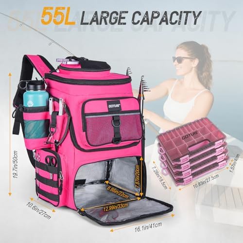 Goture Fishing Backpack with 4 Tackle Boxes,55L Tackle Backpack with Cooler