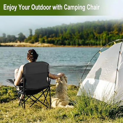 2PCS Folding Camping Collapsible Chairs Heavy Duty Lawn Chair with Cooler Bag, Storage Pocket, Waterproof Bag Outdoor Arm Chair, Supports 225LBS, Black