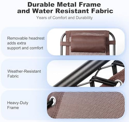 Nazhura Set of 2 Relaxing Recliners Patio Chairs Adjustable Steel Mesh Zero Gravity Lounge Chair Beach Chairs with Pillow and Cup Holder Khaki (Brown)