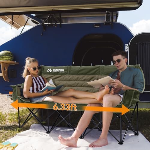 Huskfirm 3 Person Camping Chairs Folding Double Camp Chair for Adults Green