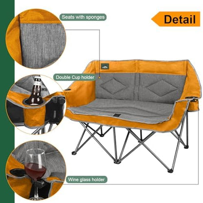 Northroad Folding Loveseat Camping Chair Portable Double Duo Full Padded Garden Sofa Chair for 2 Person w/ 2 Cup Holder,Wine Glass Holder,Support 600lbs for Outdoor Travel (Orange)