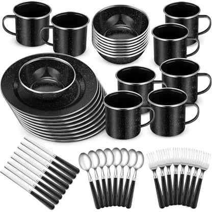 Nuogo 48 Pcs Camping Dinnerware Enamel Mugs Plates Bowls Utensils, Black