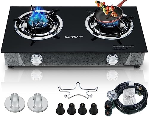 Horynar Propane Stove 2 Burner Gas Stove Auto Ignition 26000 BTU Tempered Glass Propane Burner LPG with CSA Hose for Outdoor Cooking, Emergency