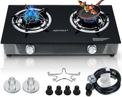 Horynar Propane Stove 2 Burner Gas Stove Auto Ignition 26000 BTU Tempered Glass Propane Burner LPG with CSA Hose for Outdoor Cooking, Emergency