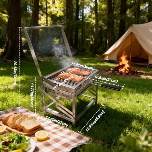Ergocar Charcoal Grill Outdoor Multi-Function Portable Rotatable Adjustable Height 4-Tier Charcoal Tray Ideal For Outdoor Smoking, Picnics, Camping Barbecues