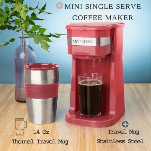 Mixpresso Single Serve & Single Cup Coffee Maker with 14oz Travel Mug Red