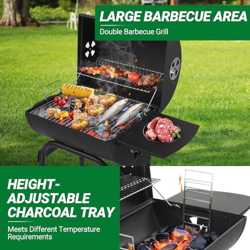 33.8" Portable Barrel Charcoal Grill,Metal Outdoor Barbecue Smoker,Heavy Duty Outdoor BBQ Grill,Vertical Camping Barbecue Grill,with Side Table & Wheels,for Garden Patio Beach Backyard (Black)