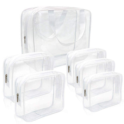 APREUTY Clear Makeup Bags, TSA Approved 6Pcs Cosmetic Makeup Bags Set Clear PVC with Zipper Handle Portable Travel Luggage Pouch Airport Airline Organization (White)