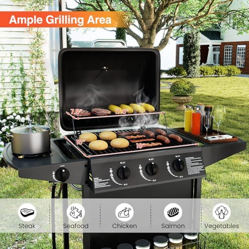 Happygrill 3 + 1 Burner Propane Gas Grill with Storage Shelves & Wheels