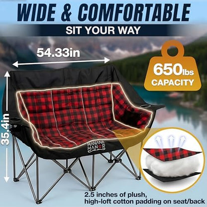 2 Person Camping Chair - Double Folding Chair for Adults - Supports 650 Pounds - Extra Padded Double Seat Camping Chair - Portable 2 Person Camping Couch for Patio and Beach