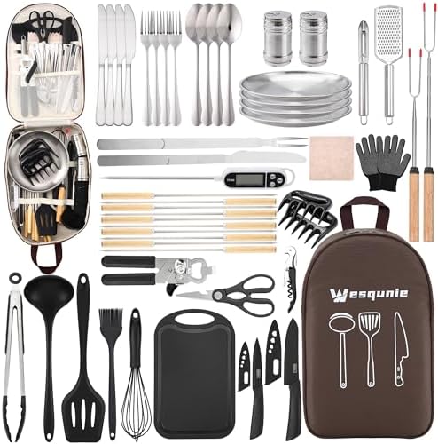Camping Essentials Cookware Cooking Utensils Set - Portable Camp Kitchen Mess Kit Outdoor Accessories, Stainless Steel & Silicone, Camping Gear Equipment for RV Picnic Grill,Brown Pro