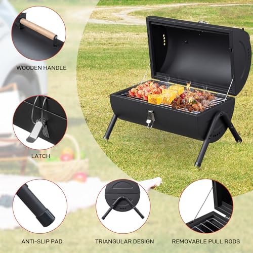 15" Portable Charcoal Grill,Tabletop Outdoor Barbecue Smoker,Heavy Duty Outdoor BBQ Grill,Vertical Camping Barbecue Grill,with Thermometer & Wooden Handle,for Garden Patio Beach Backyard (Black)