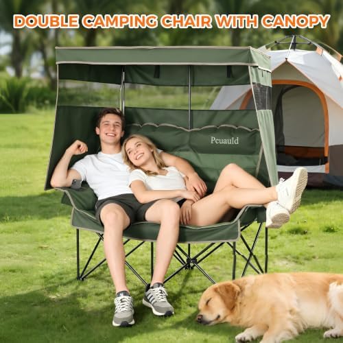 Double Camping Chair with Canopy Heavy Duty 2 Person Folding Loveseat Beach Chair with Shade High Back Oversized Outdoor Camping Couch with Cup Holders & Wine Racks for Lawn, Sports, Green