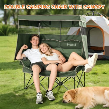 Double Camping Chair with Canopy Heavy Duty 2 Person Folding Loveseat Beach Chair with Shade High Back Oversized Outdoor Camping Couch with Cup Holders & Wine Racks for Lawn, Sports, Green