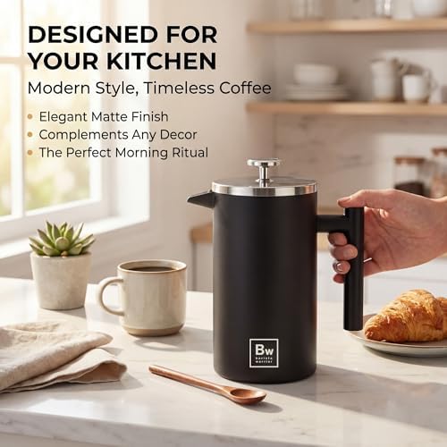 Barista Warrior French Press Coffee Maker - Double-Wall Stainless Steel Insulated French Press with Built-In Thermometer, Dual Filters Coffee Maker with Wooden Spoon - Black