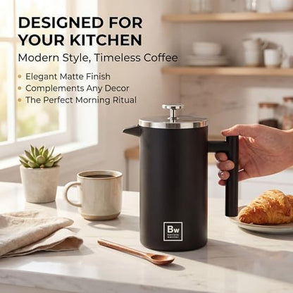 Barista Warrior French Press Coffee Maker - Double-Wall Stainless Steel Insulated French Press with Built-In Thermometer, Dual Filters Coffee Maker with Wooden Spoon - Black