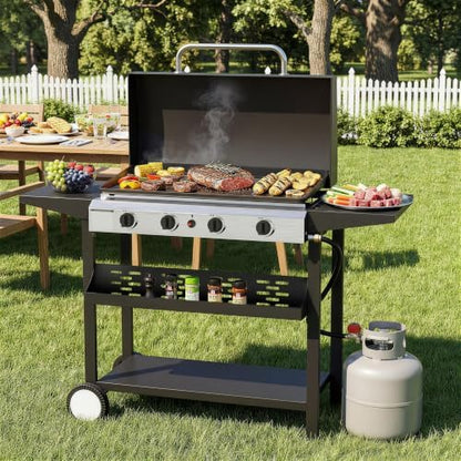 SKOK Propane Gas Griddle with Hood - Flat Top Grill with Standing Cart